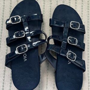 Vionic Navy Blue Patent Buckle Slide Sandals